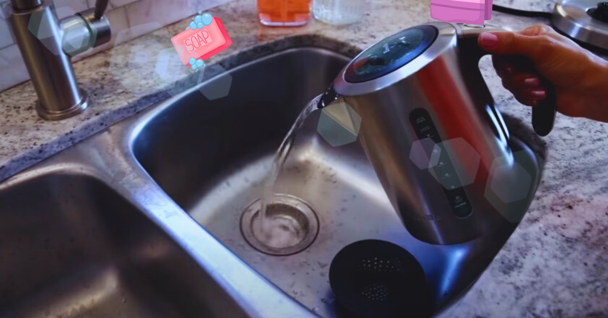 Hot tap water being poured into a kitchen sink drain to flush loosened odor-causing residue